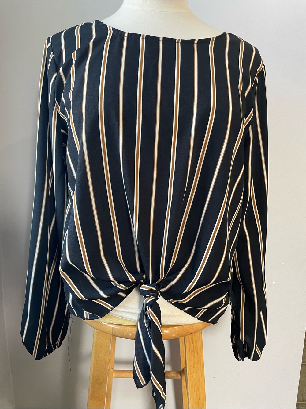 Guilty Black & Mustard Striped Tie-Front Lightweight Long Sleeve Blouse Size L